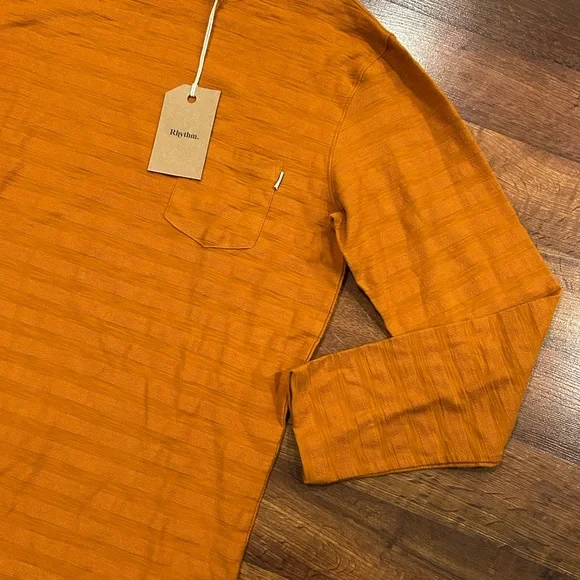 NWT Rhythm Dobby Striped Long Sleeve Shirt Orange Mens Size Medium Pocket - Picture 2 of 8